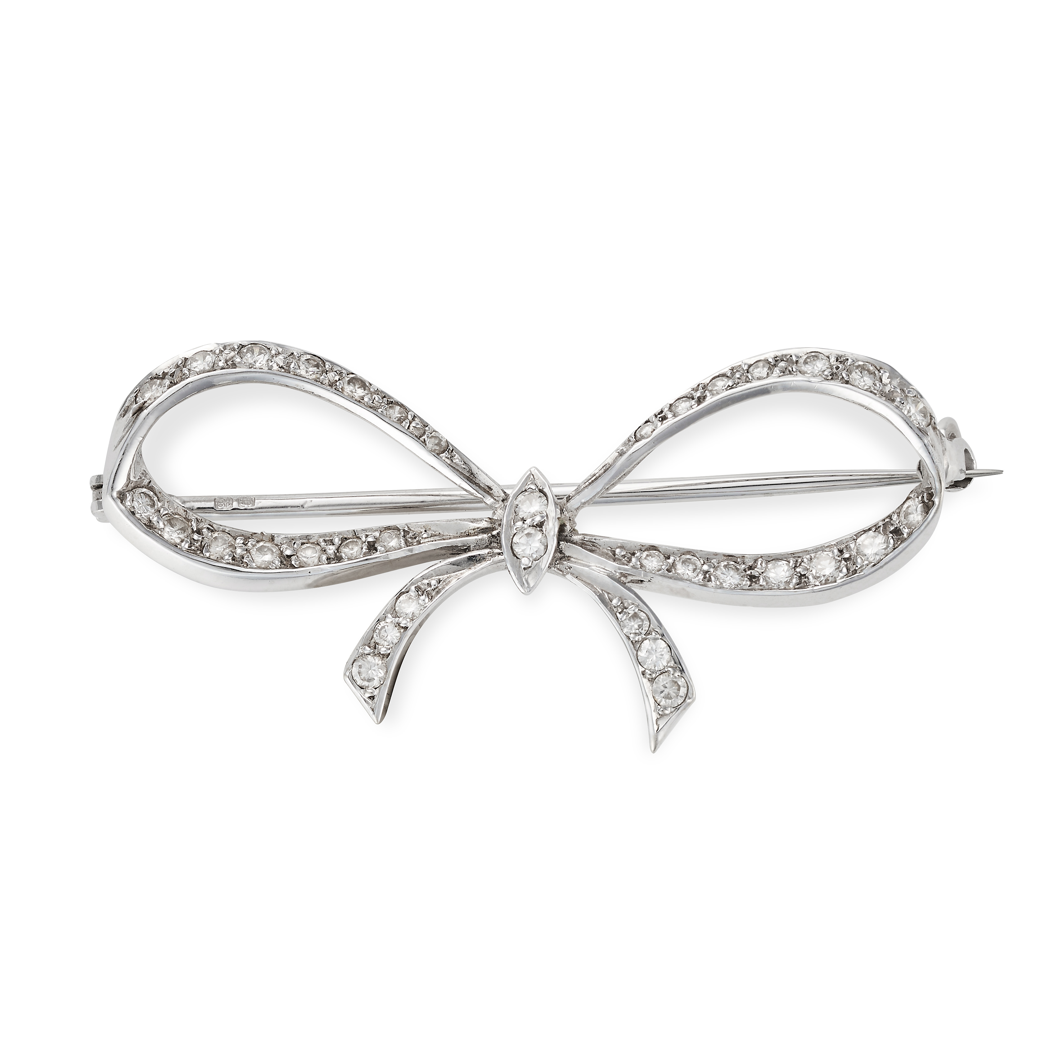 A VINTAGE DIAMOND BOW BROOCH in 18ct white gold, designed as a bow set throughout with round bril...