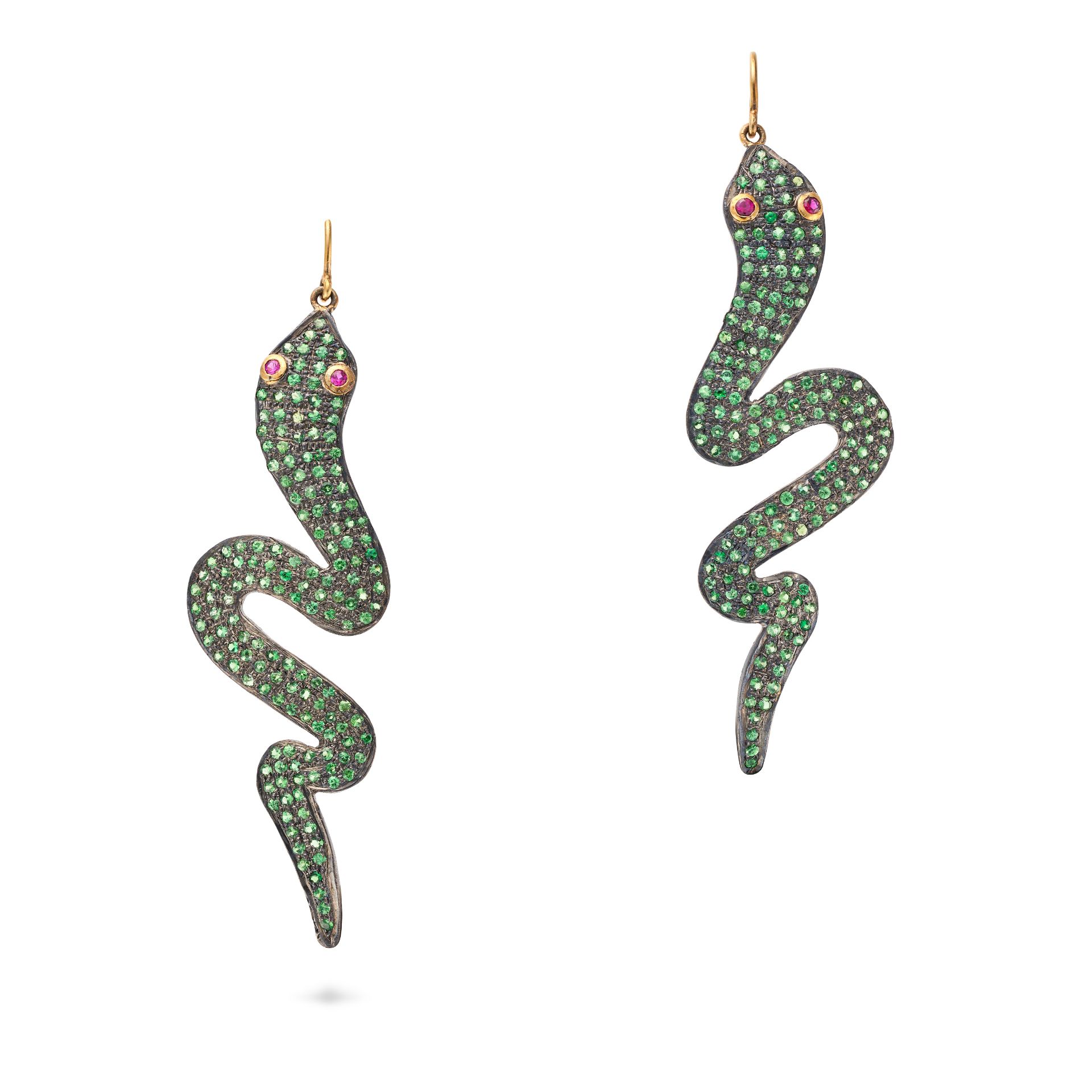 A PAIR OF TSAVORITE GARNET AND RUBY SNAKE EARRINGS each designed as a snake set throughout with r...