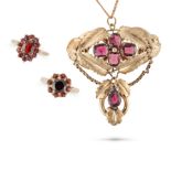 A COLLECTION OF GARNET JEWELLERY comprising a garnet cluster ring, set with a cluster of round cu...