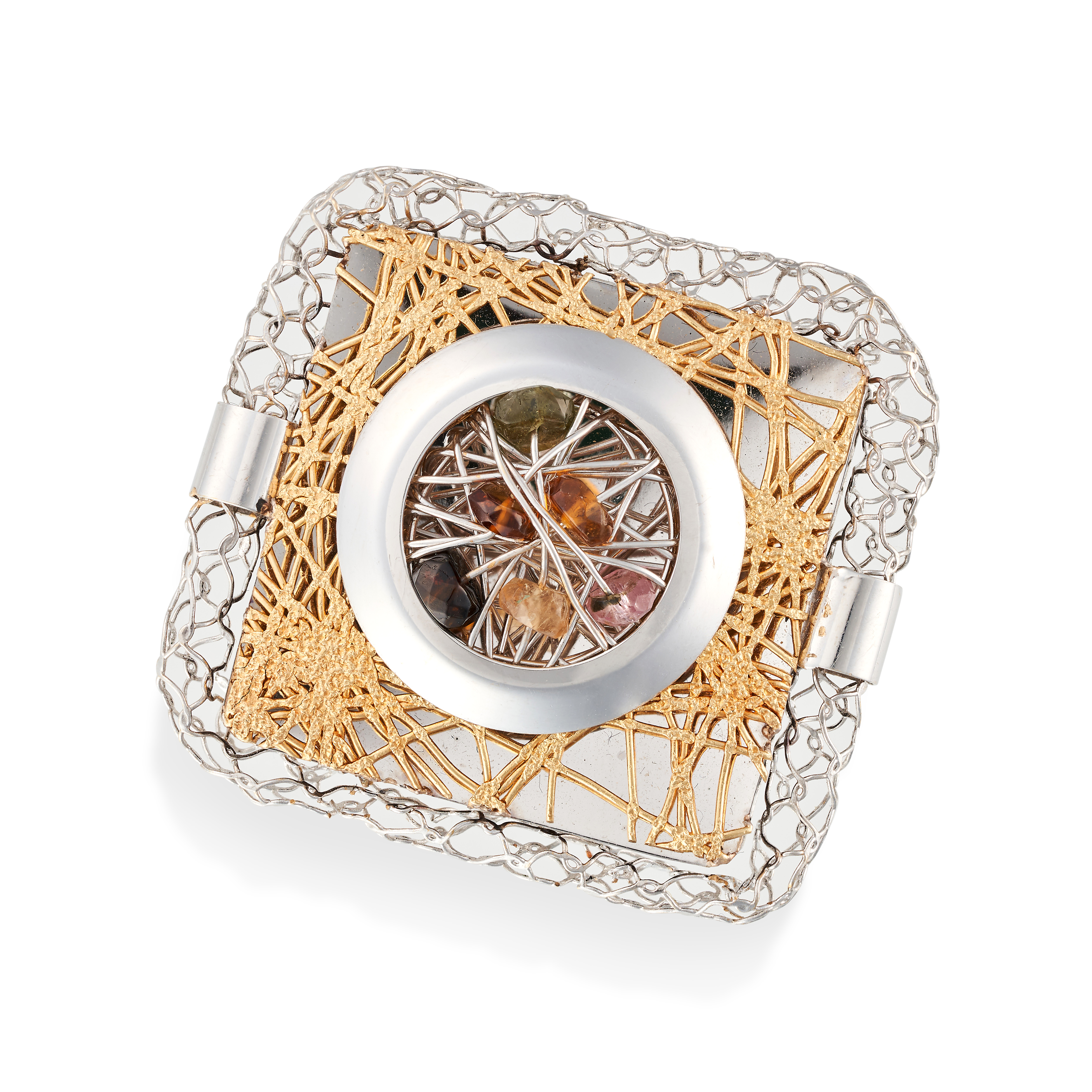 A GEMSET RING the stylised square ring set with a cluster of pink tourmaline, citrine and zircon ...