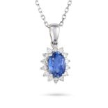 A SAPPHIRE AND DIAMOND CLUSTER PENDANT NECKLACE the pendant set with an oval cut sapphire in a cl...