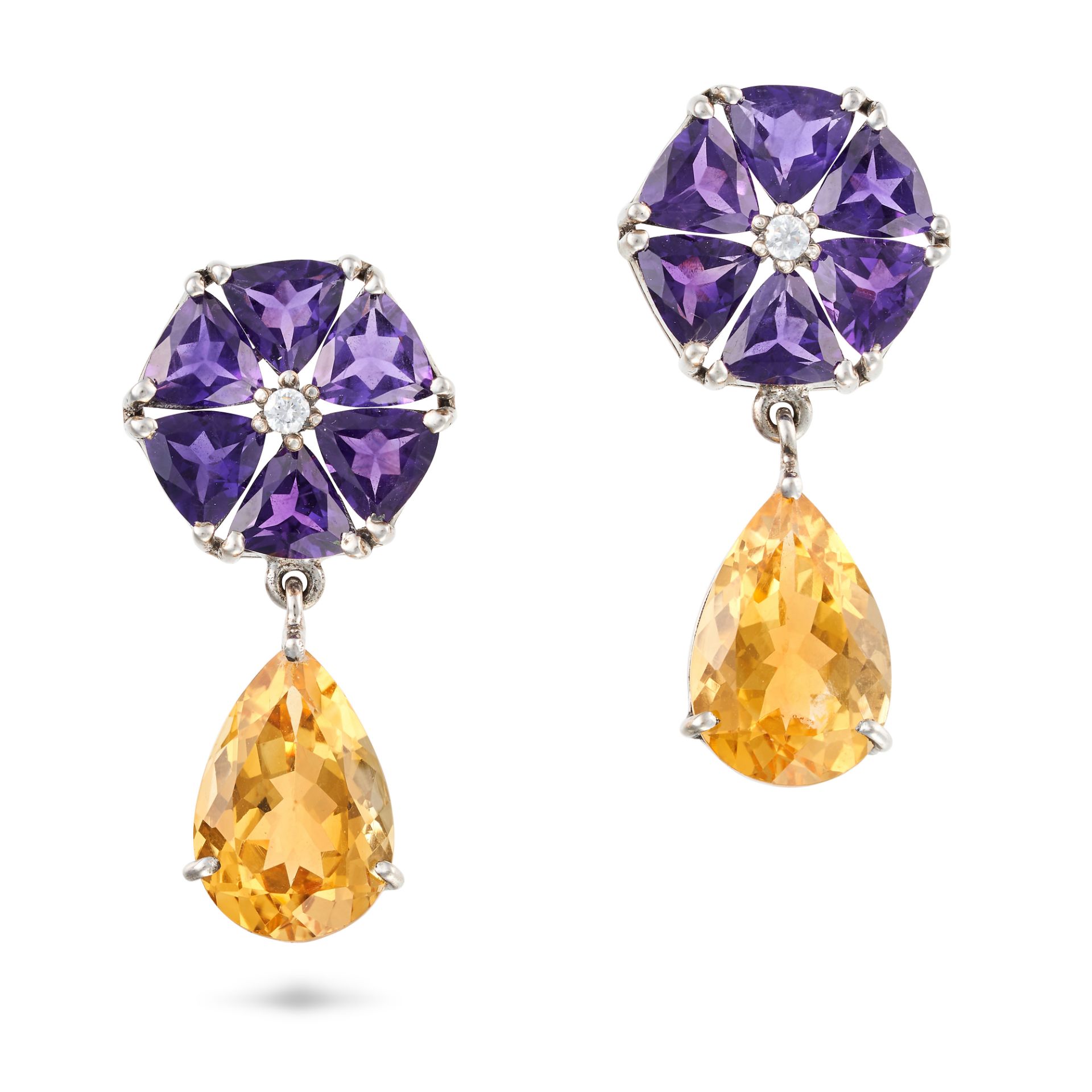 NO RESERVE - A PAIR OF AMETHYST, CITRINE AND PASTE DROP EARRINGS each set with a round cut white ...