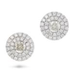 A PAIR OF DIAMOND CLUSTER EARRINGS each set with a round brilliant cut diamond in a double cluste...