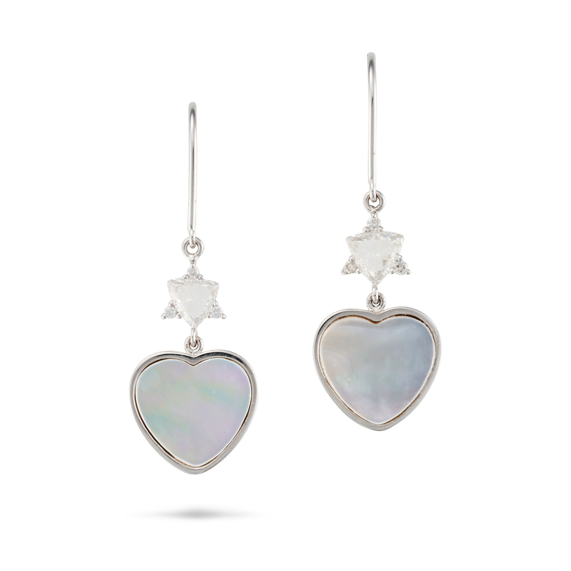 A PAIR OF MOTHER OF PEARL AND DIAMOND HEART DROP EARRINGS each set with a trillion cut diamond ac...