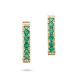 A PAIR OF EMERALD HOOP EARRINGS each designed as a hoop set with a row of round cut emeralds, sta...