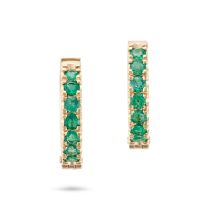 A PAIR OF EMERALD HOOP EARRINGS each designed as a hoop set with a row of round cut emeralds, sta...