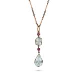 AN ANTIQUE RUSSIAN AQUAMARINE AND RUBY PENDANT in 56 zolotnik gold, comprising two round cut rubi...