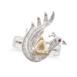 A YELLOW DIAMOND AND RUBY PEACOCK DRESS RING designed as a peacock set with a trillion cut yellow...