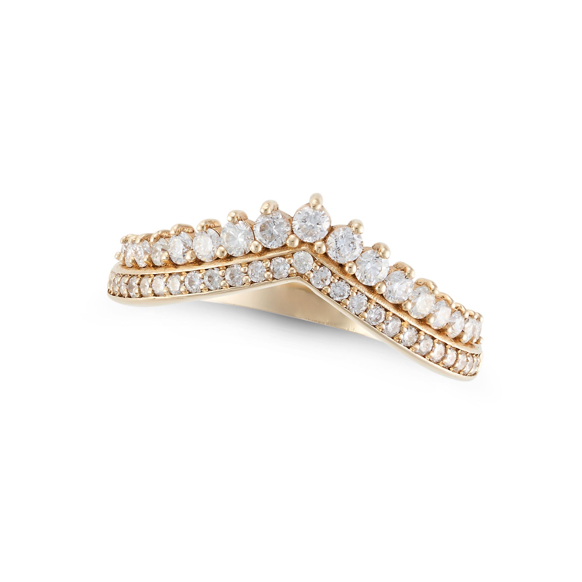 A DIAMOND WISHBONE RING set with two rows of round brilliant cut diamonds, inscribed 0.54ct, stam...