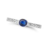 A SAPPHIRE AND DIAMOND RING set with an oval cut sapphire accented by round cut diamonds, stamped...