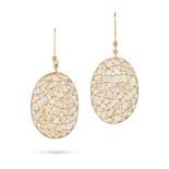 A PAIR OF DIAMOND DROP EARRINGS each comprising a hook fitting suspending an oval drop set with p...