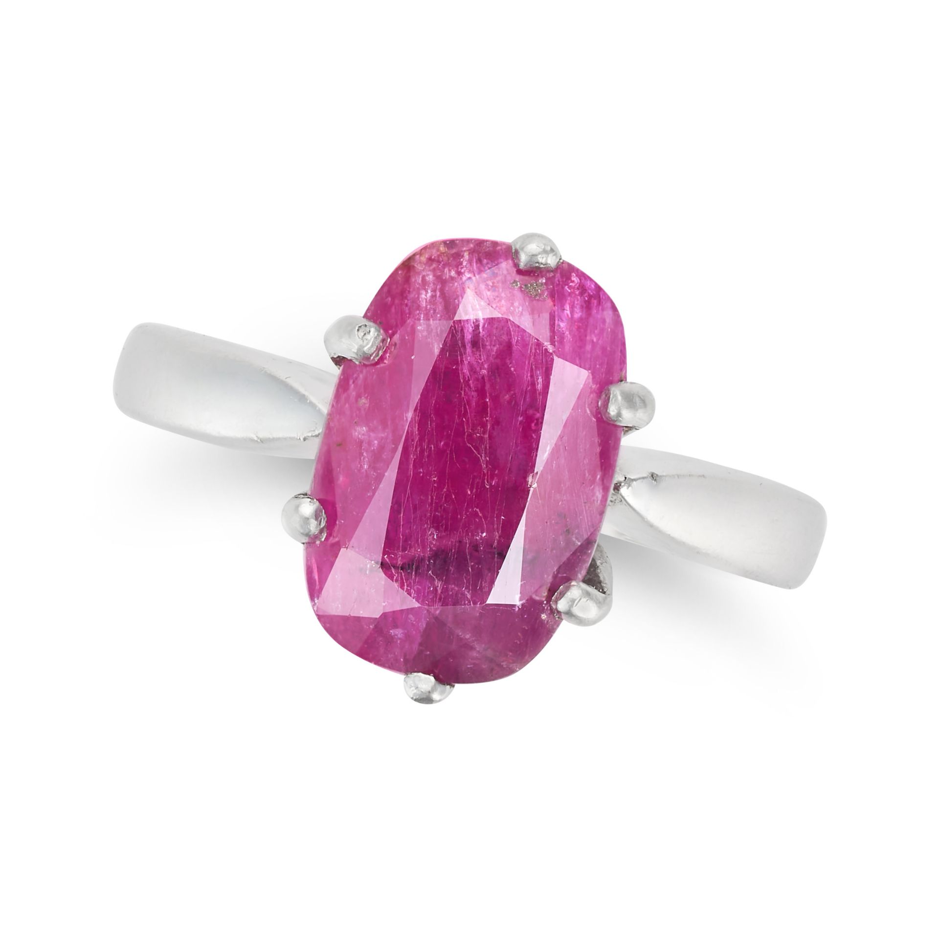 A 3.24 CARAT UNHEATED RUBY RING set with a cushion cut ruby of approximately 3.24 carats, stamped...