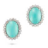 A PAIR OF VINTAGE TURQUOISE AND DIAMOND CLUSTER CLIP EARRINGS, 1950's, each set with an oval cabo...