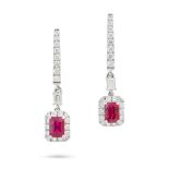 A PAIR OF BURMESE RUBY AND DIAMOND DROP EARRINGS each comprising a row of round brilliant and bag...