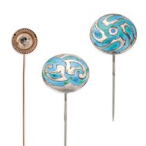 NO RESERVE - A COLLECTION OF PINS comprising two hat pins, the round faces decorated with blue en...
