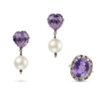 AN AMETHYST RING AND EARRINGS SET the earrings each set with a carved amethyst suspending a pearl...