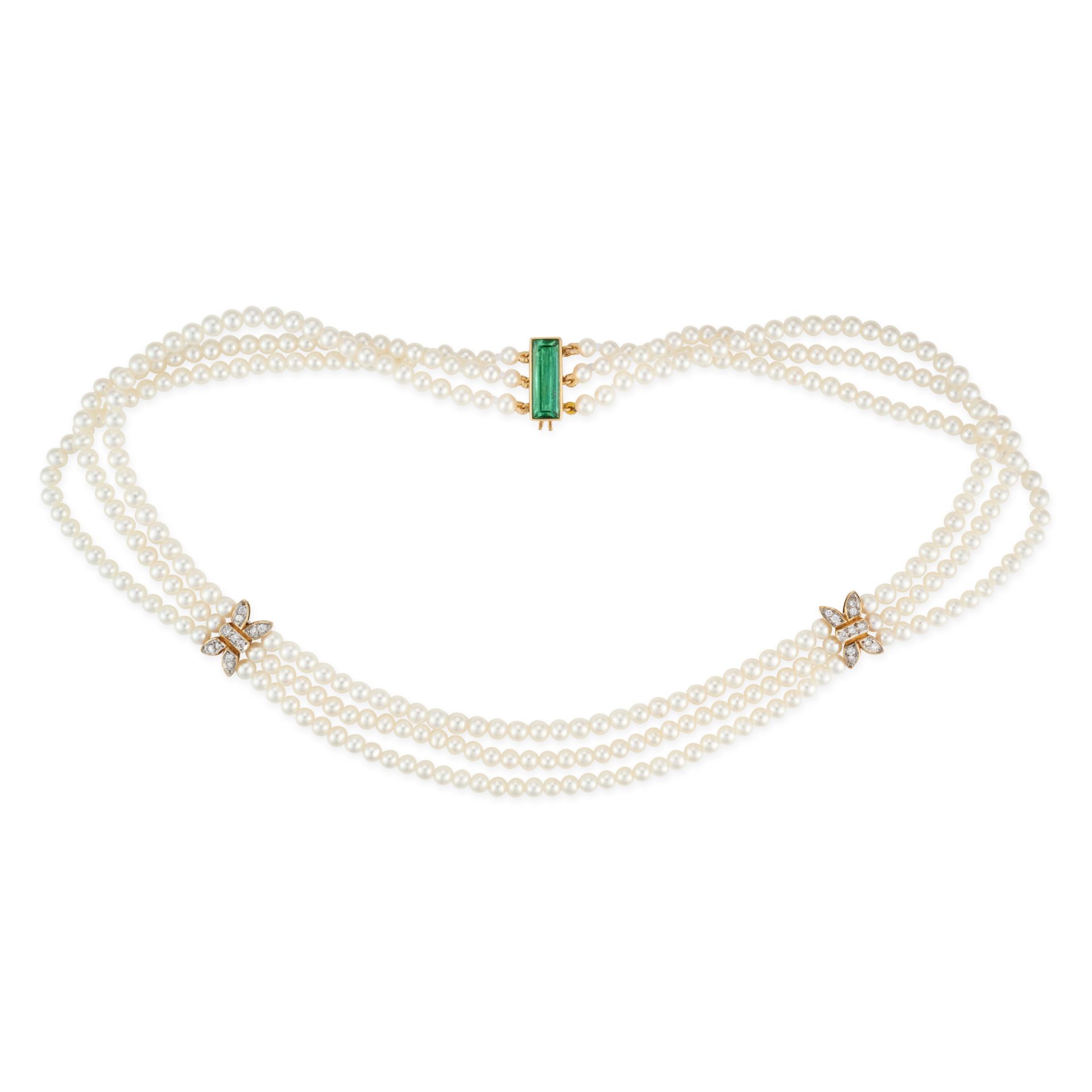 A PEARL, GREEN TOURMALINE AND DIAMOND NECKLACE comprising three rows of pearls accented by two fo...