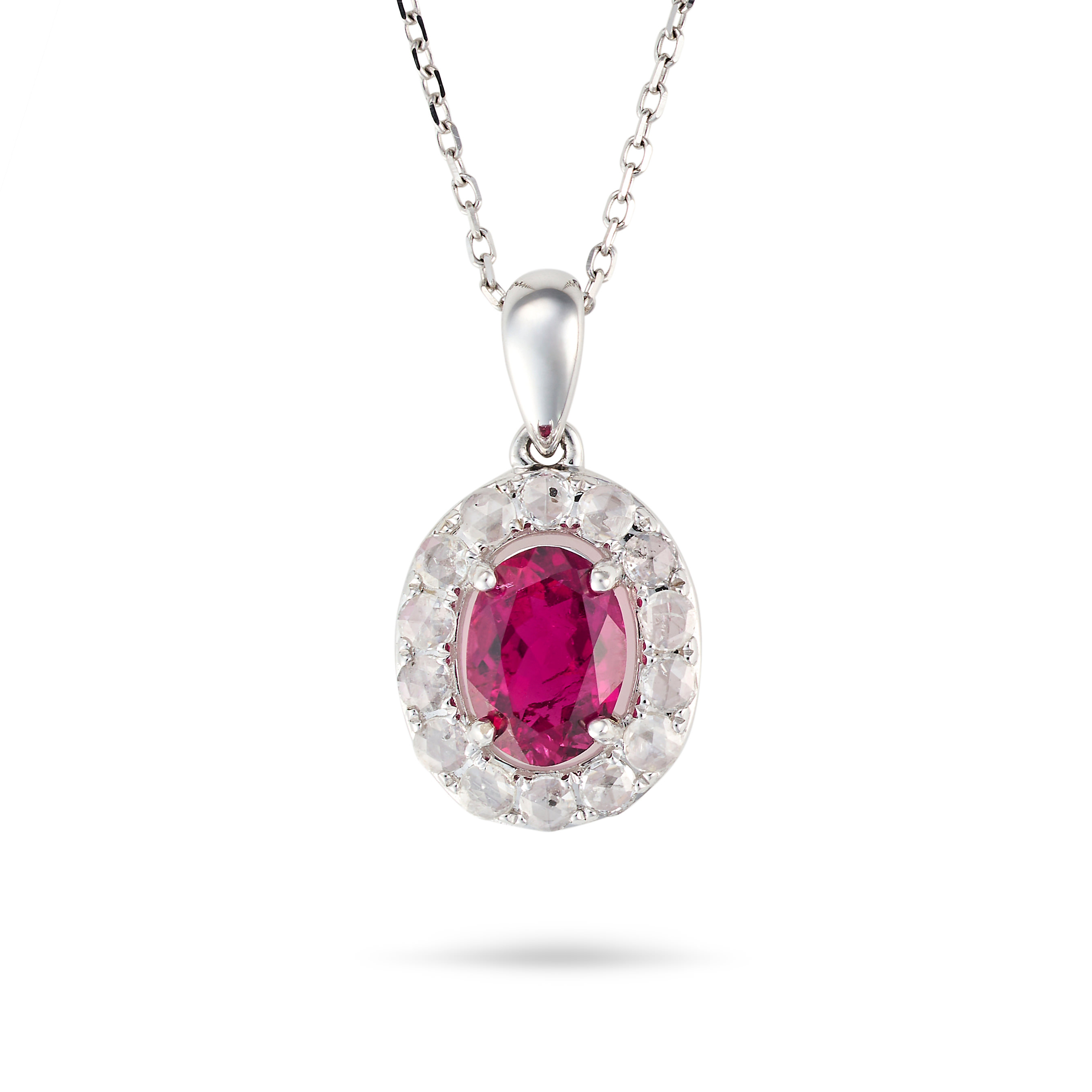 A RUBELLITE TOURMALINE AND DIAMOND PENDANT NECKLACE the pendant set with an oval cut rubellite to...