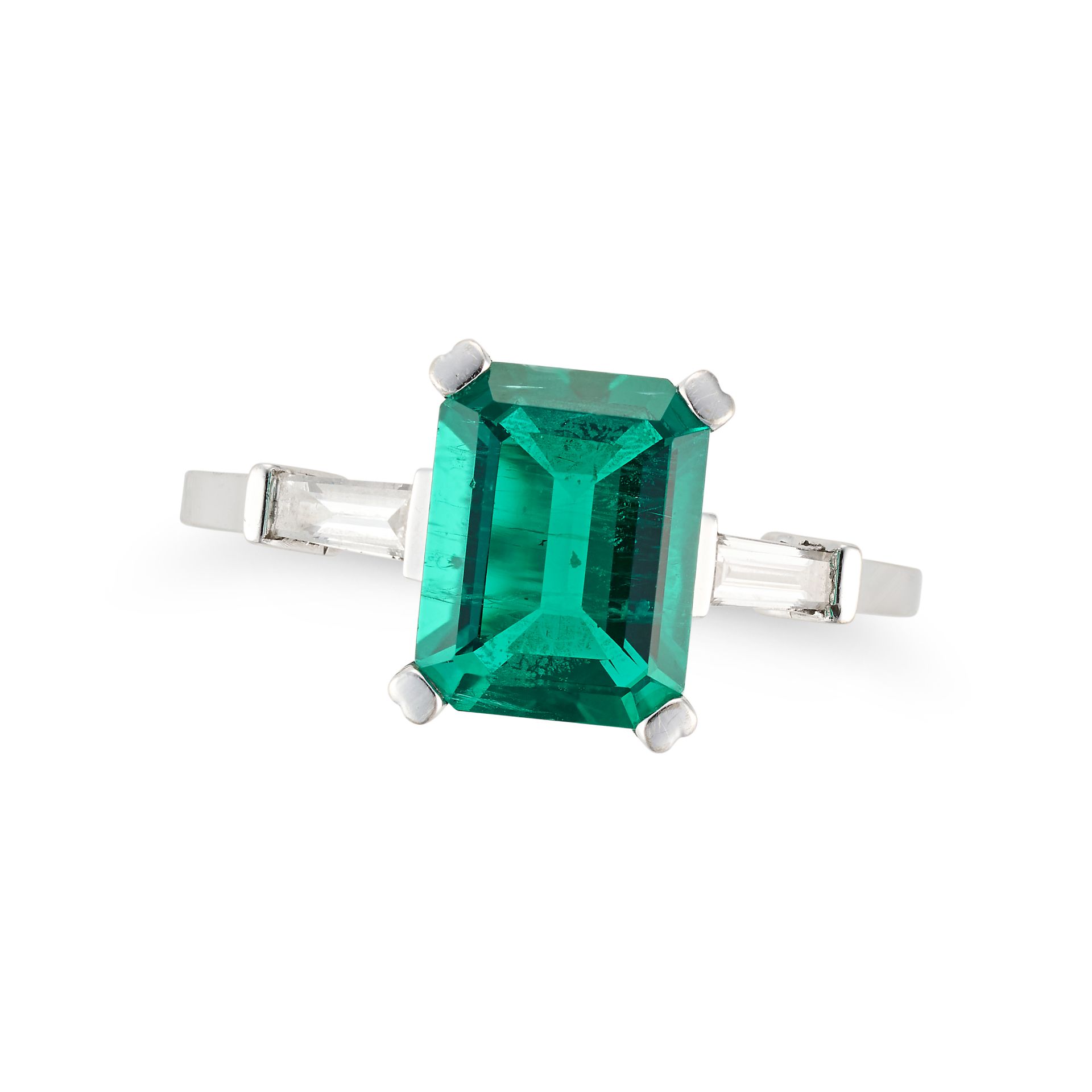 NO RESERVE - A SYNTHETIC EMERALD AND DIAMOND RING set with an octagonal step cut synthetic emeral...