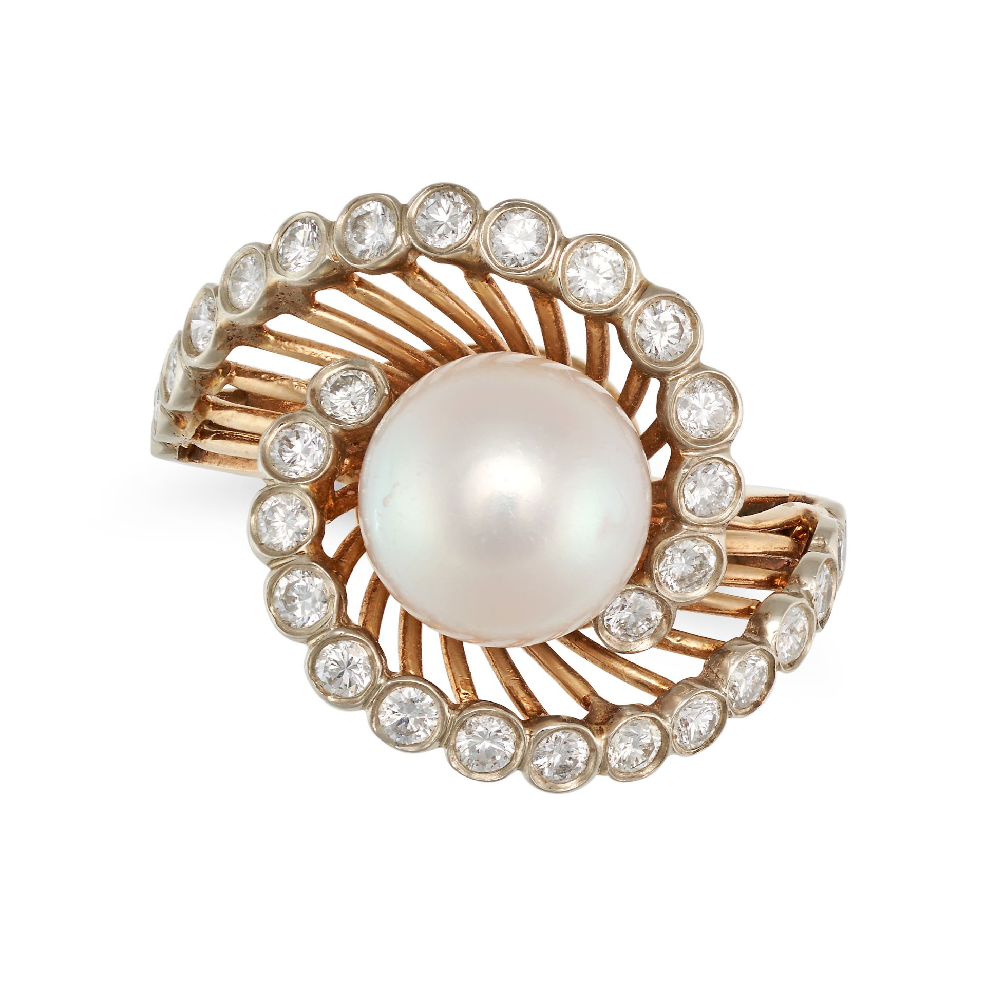 A PEARL AND DIAMOND RING set with a pearl of 8.8mm accented by round brilliant cut diamonds, stam...