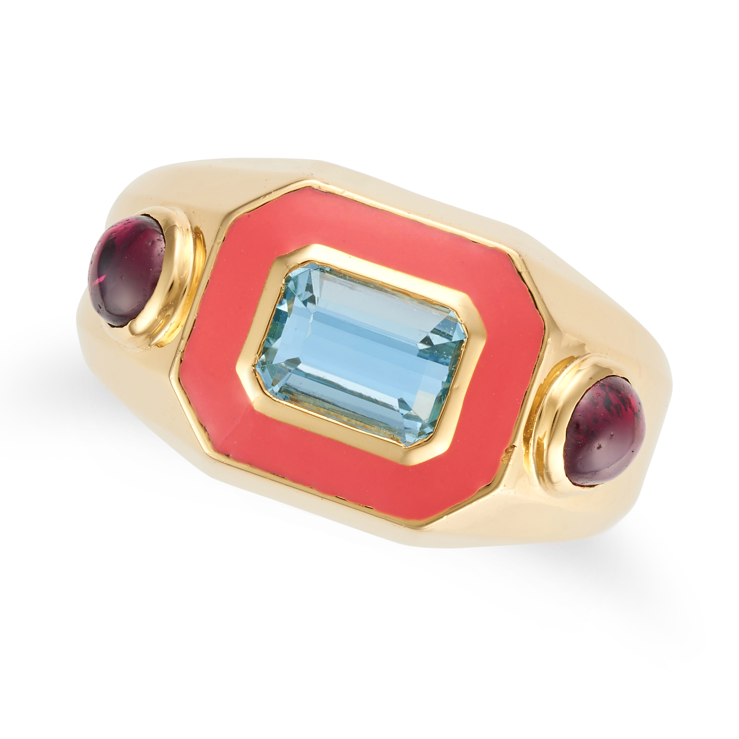 AN AQUAMARINE, GARNET AND ENAMEL RING set with an octagonal step cut aquamarine in a border of or...