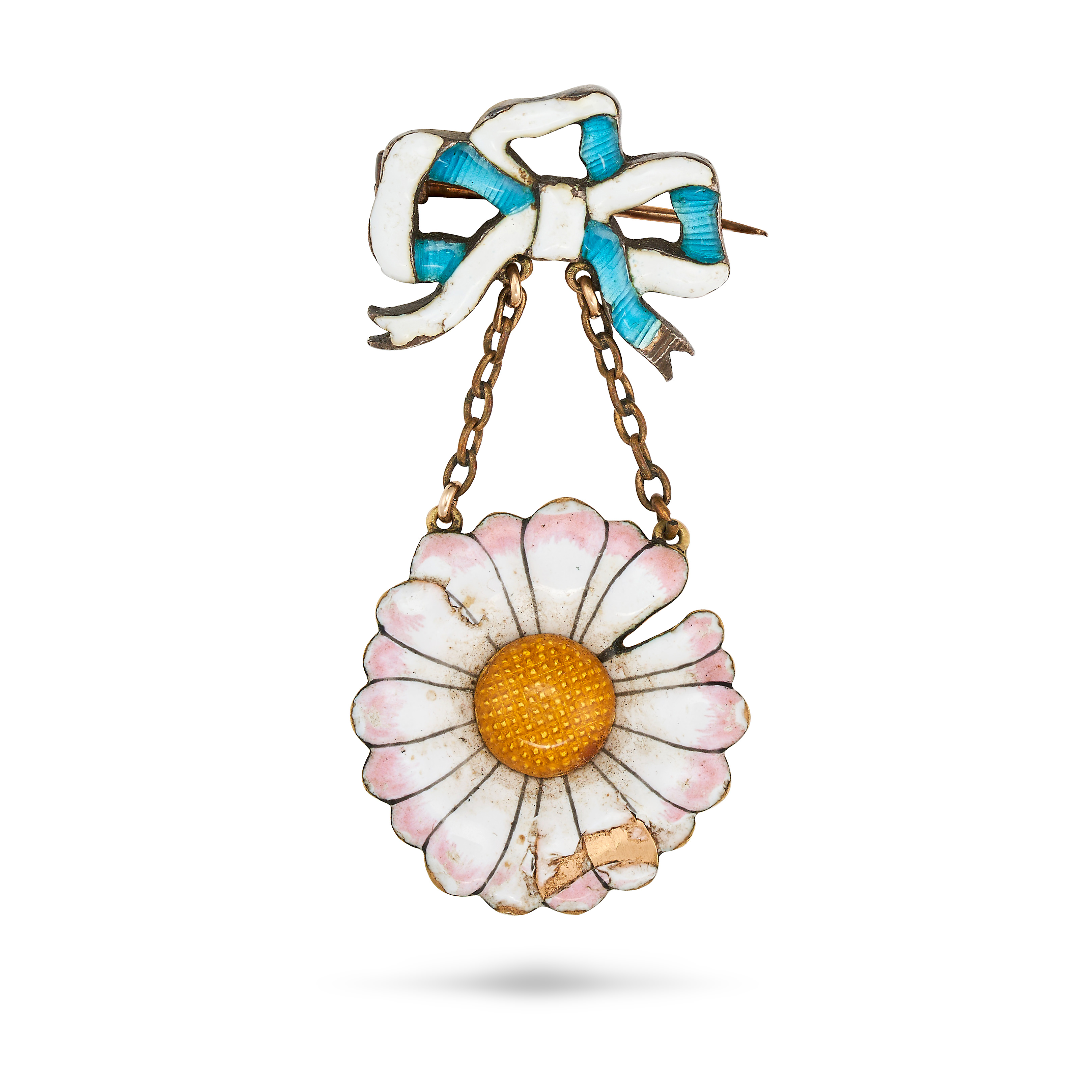 CHILD & CHILD, AN ANTIQUE ENAMEL DAISY BROOCH designed as a bow decorated with turquoise and whit...
