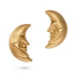 A PAIR OF MAN IN THE MOON EARRINGS each earring designed as a smiling crescent moon, stamped 18K,...