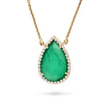 AN EMERALD AND DIAMOND PENDANT NECKLACE the pendant set with a pear cut emerald of 7.76 carats in...