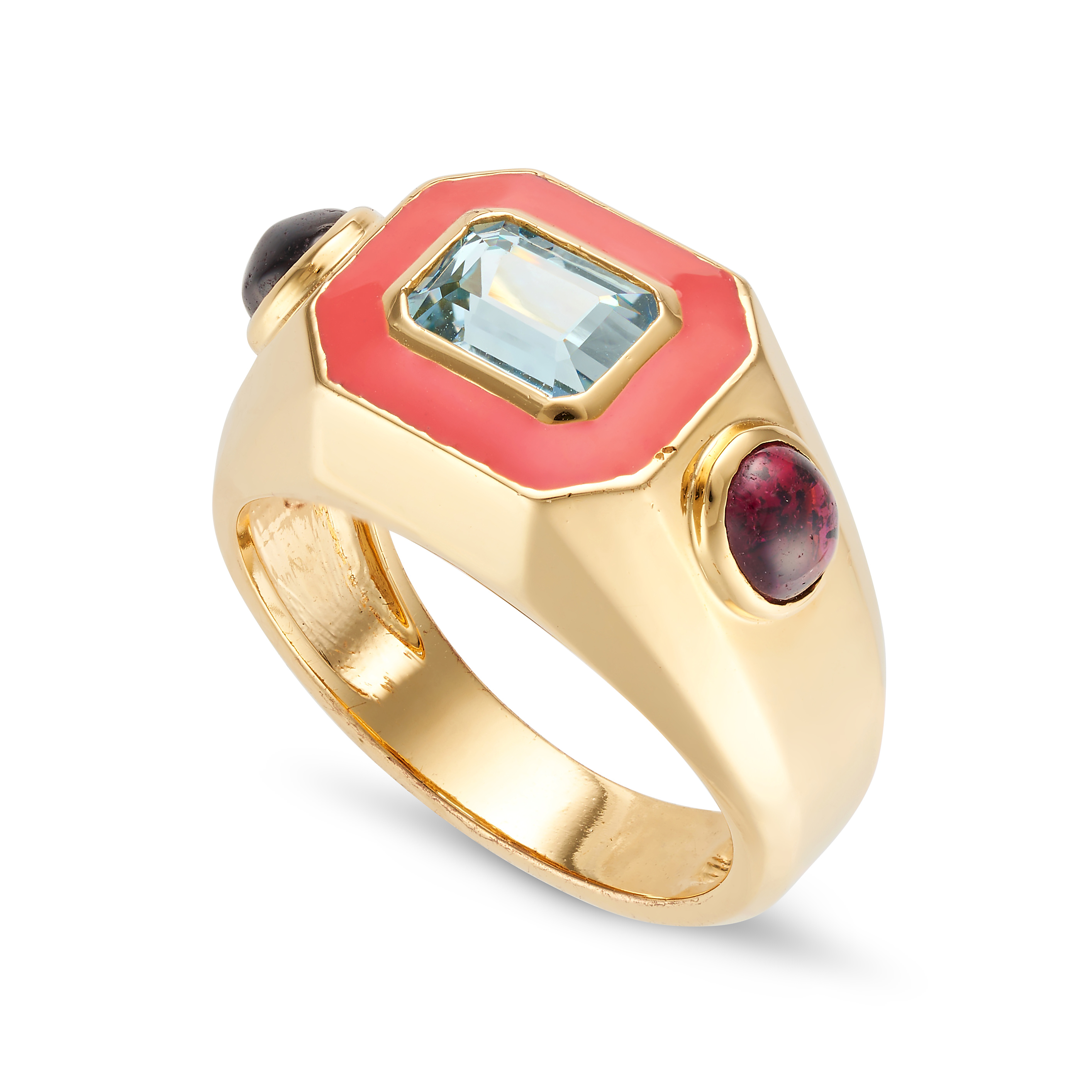 AN AQUAMARINE, GARNET AND ENAMEL RING set with an octagonal step cut aquamarine in a border of or... - Image 2 of 2
