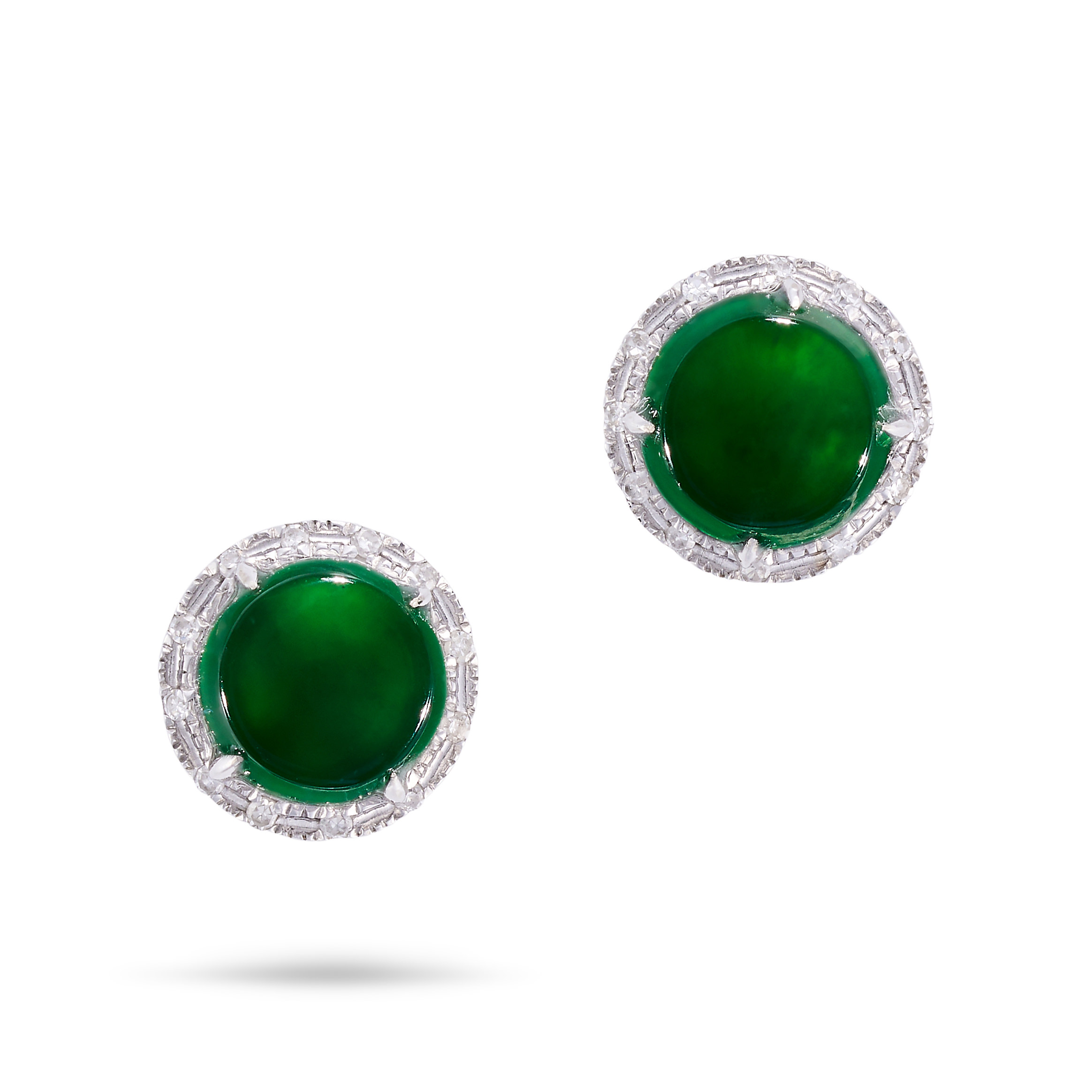 NO RESERVE - A PAIR OF NATURAL JADEITE JADE AND DIAMOND STUD EARRINGS each set with a polished ja...