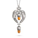 GEORG JENSEN, AN AMBER NECKLACE in silver, design number 51, the foliate pendant set with cabocho...