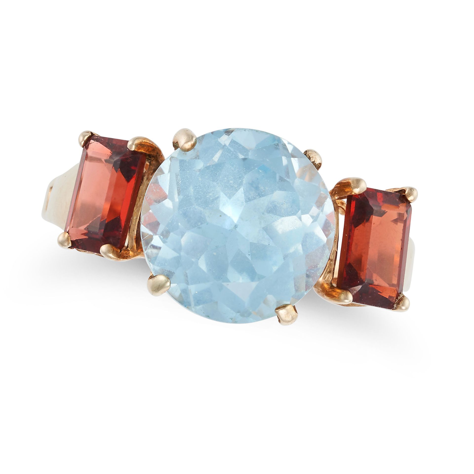 A BLUE TOPAZ AND GARNET RING set with a round cut blue topaz, accented on each side by a rectangu...