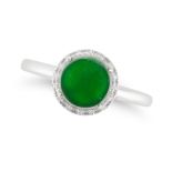 NO RESERVE - AN UNTREATED JADEITE JADE AND DIAMOND RING set with a round polished jadeite jade of...
