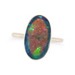 A BLACK OPAL RING set with an oval cabochon black opal, no assay marks, size M1/2 / 6.5, 2.5g.