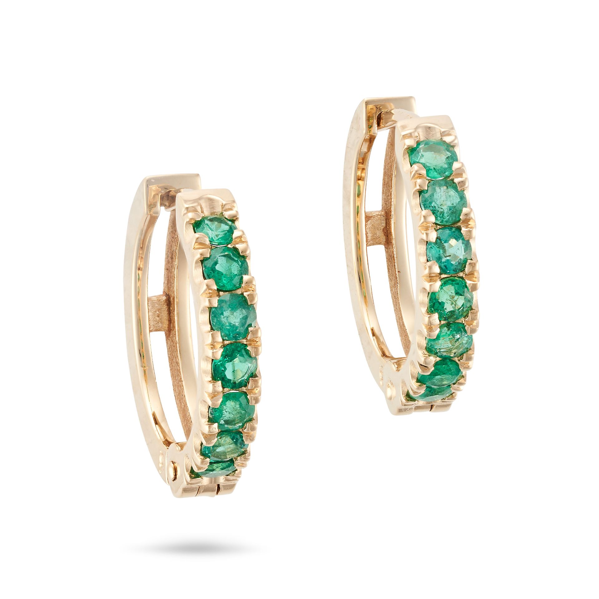 A PAIR OF EMERALD HOOP EARRINGS each designed as a hoop set with a row of round cut emeralds, sta... - Bild 2 aus 2