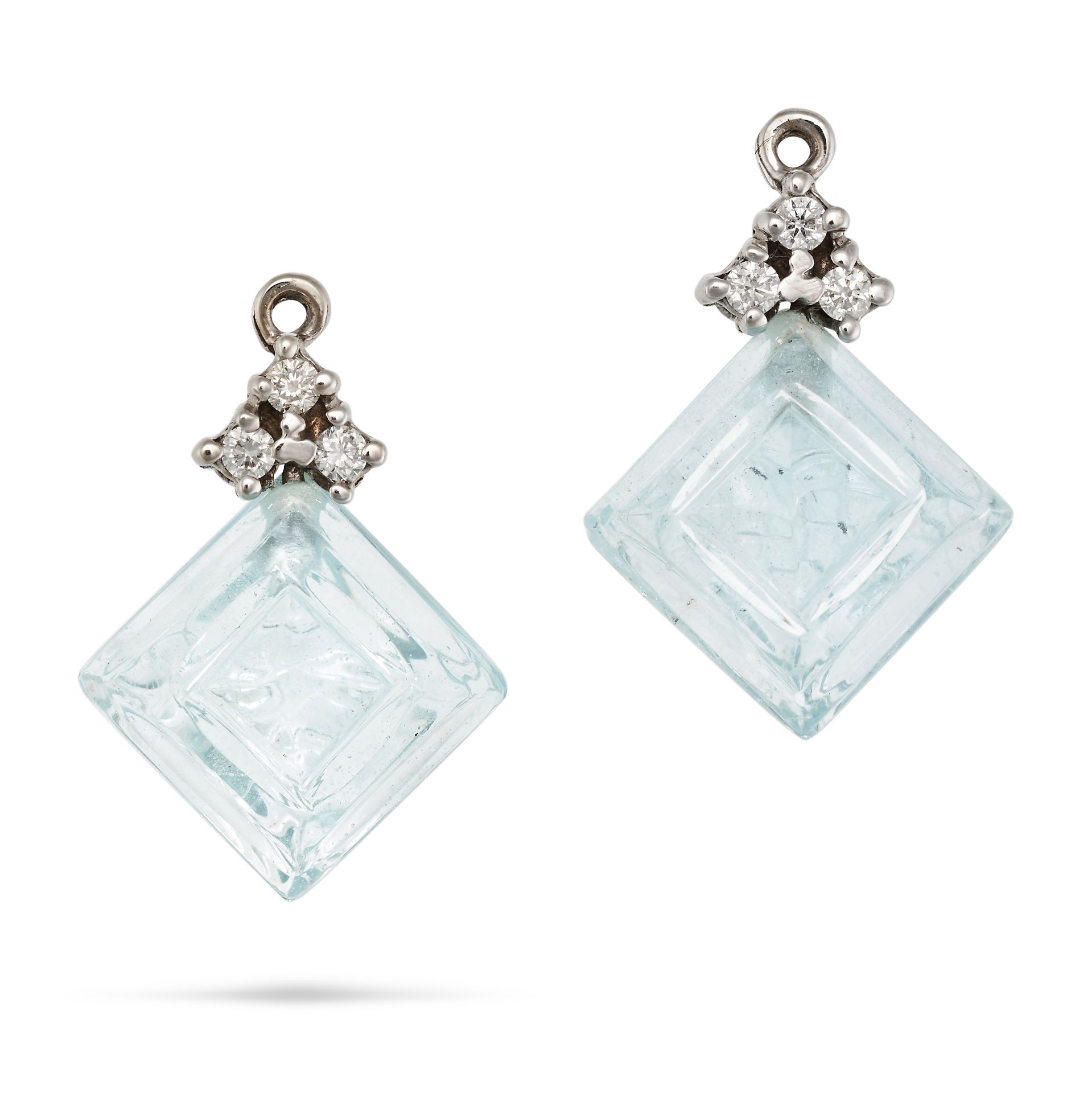 NO RESERVE - A PAIR OF AQUAMARINE AND DIAMOND EAR JACKETS each set with a carved aquamarine drop ...
