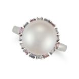 A PEARL AND MULTICOLOUR DIAMOND RING set with a pearl of 11.6mm in a border of round brilliant cu...