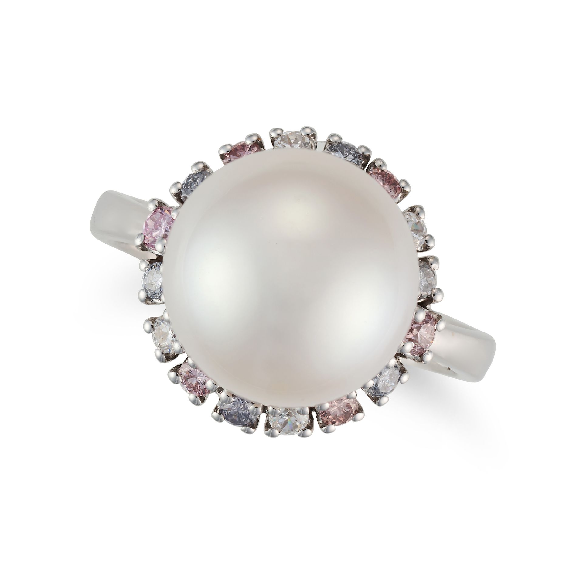 A PEARL AND MULTICOLOUR DIAMOND RING set with a pearl of 11.6mm in a border of round brilliant cu...