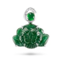 NO RESERVE - A NATURAL JADEITE JADE PENDANT the pendant set with a round cabochon jadeite jade ac...