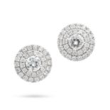 A PAIR OF DIAMOND CLUSTER EARRINGS each set with a round brilliant cut diamond in a double border...