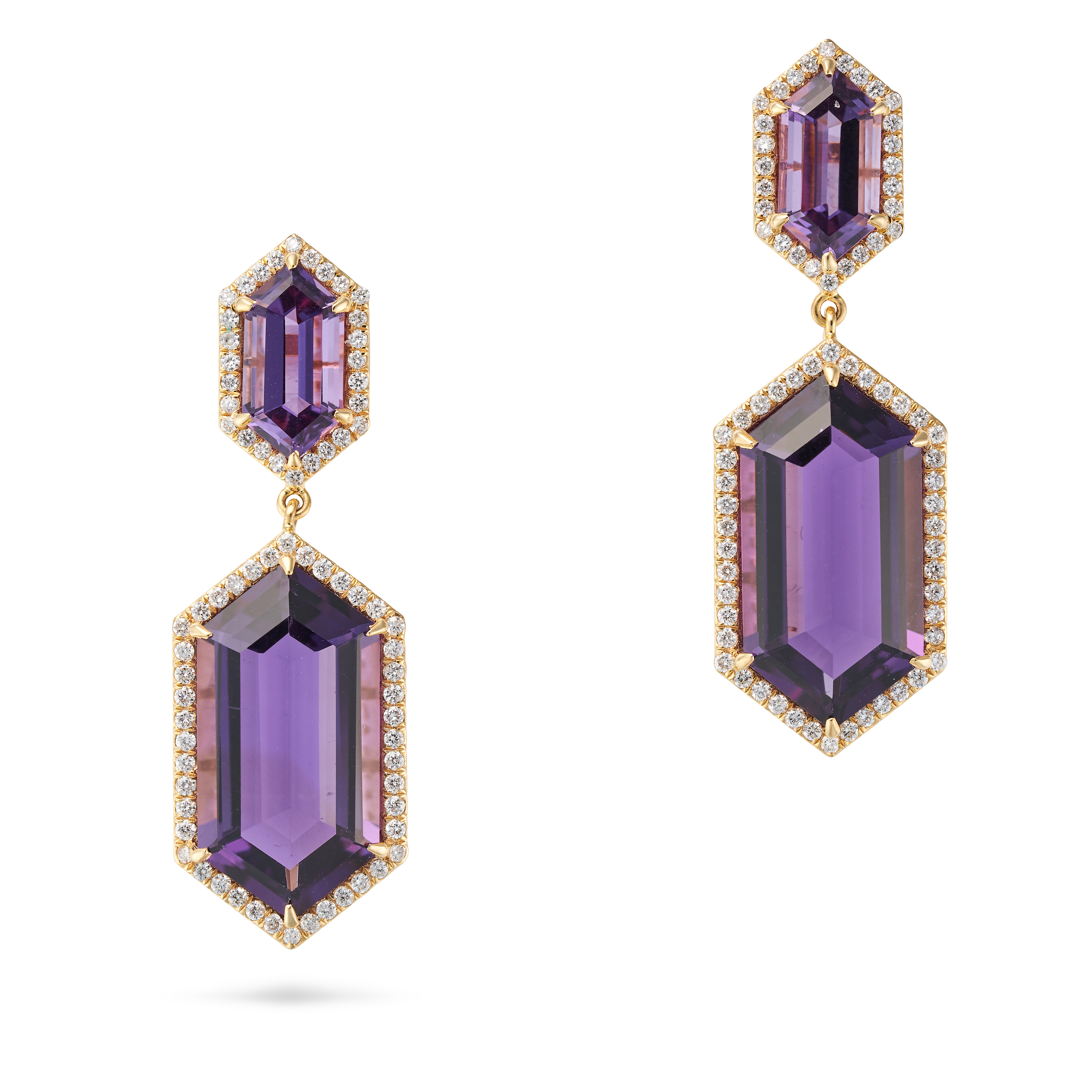 A PAIR OF AMETHYST AND DIAMOND DROP EARRINGS each set with a hexagonal amethyst in a border of ro...