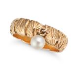 NO RESERVE - A PEARL RING comprising a foliate band suspending a pearl, marked indistinctly, size...