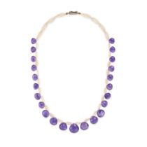 NO RESERVE - AN AMETHYST AND PEARL NECKLACE comprising two rows of seed pearls, suspending briole...