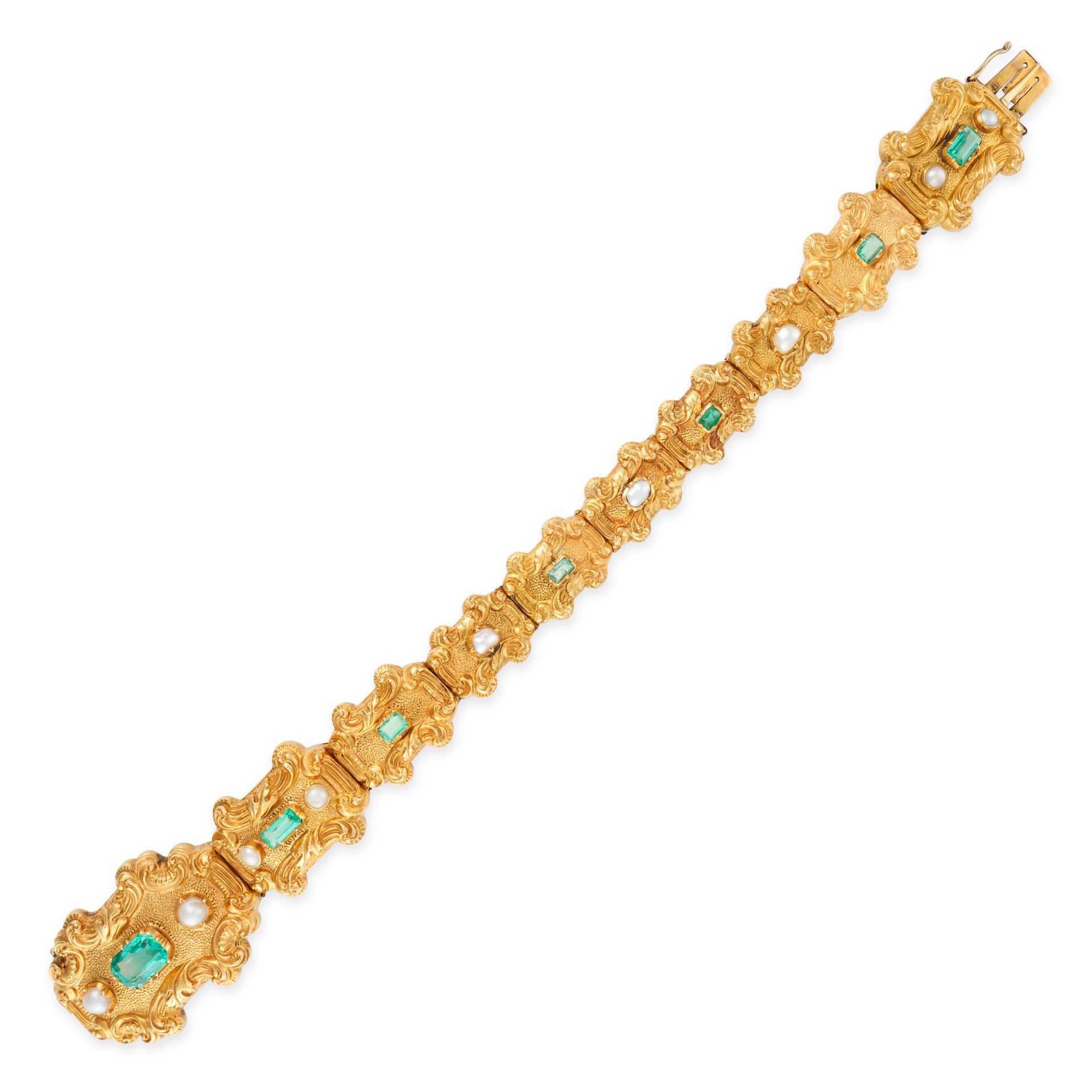 AN ANTIQUE COLOMBIAN EMERALD AND PEARL BRACELET in high carat yellow gold, comprising a row of sc... - Image 2 of 2