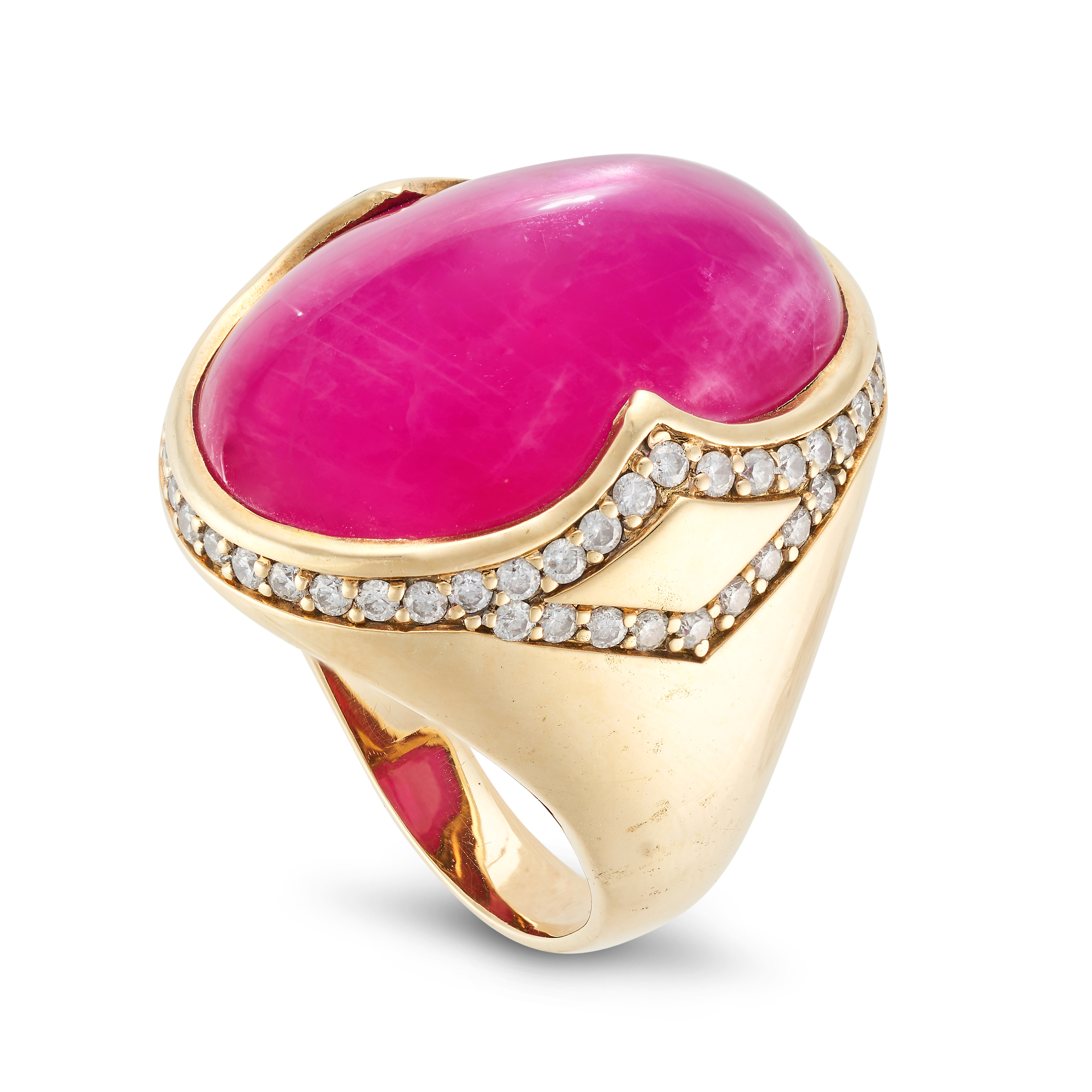 A RUBY AND DIAMOND RING set with an oval cabochon ruby in a border of round brilliant cut diamond... - Image 2 of 2