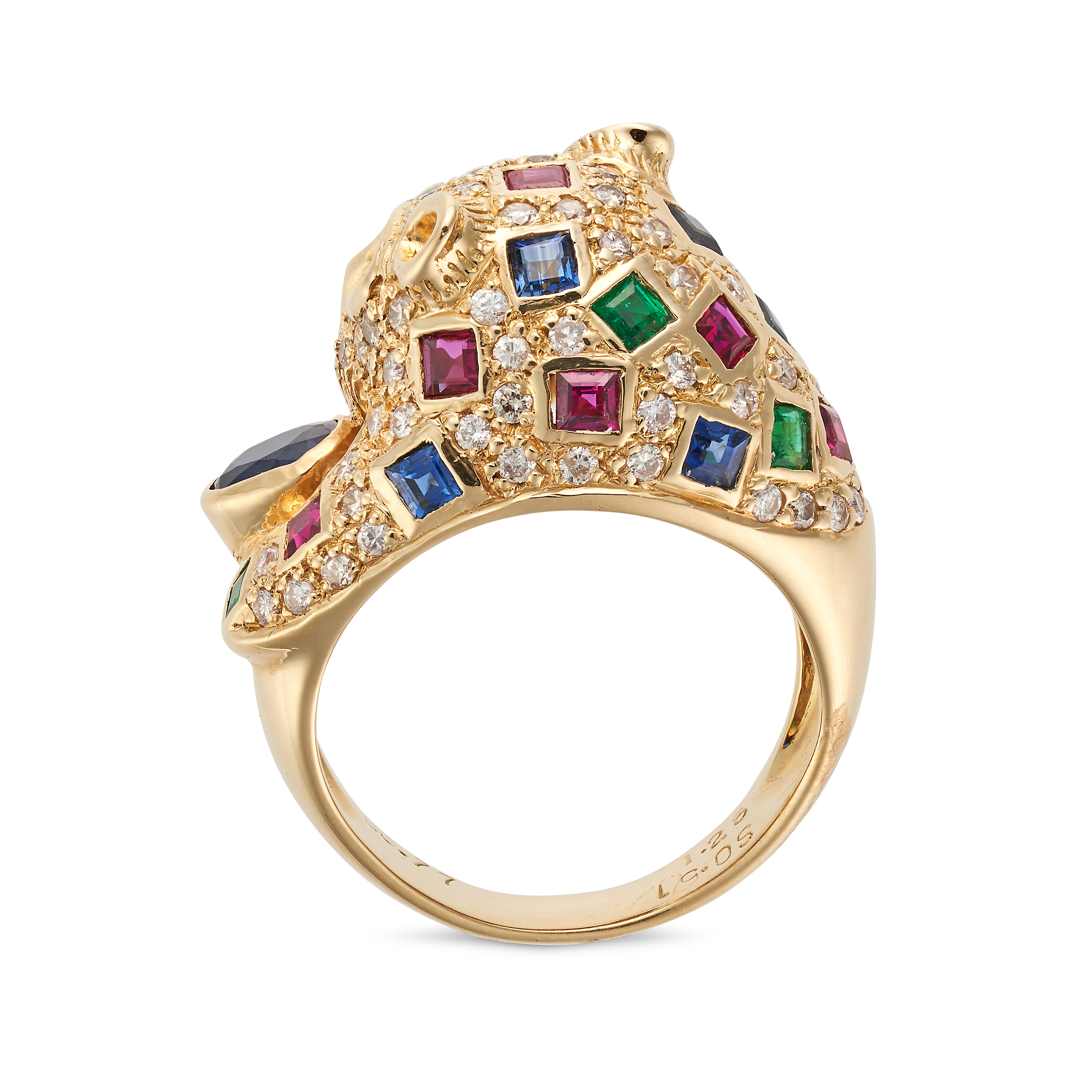 A MULTIGEM PANTHER RING designed as a coiled panther, set with square step cut rubies, emeralds a... - Image 3 of 3