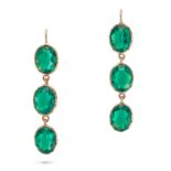 A PAIR OF ANTIQUE GREEN PASTE DROP EARRINGS each comprising a hook fitting suspending three artic...