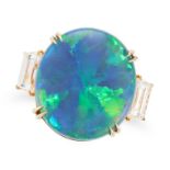 A BLACK OPAL AND DIAMOND RING set with an oval cabochon black opal of approximately 19.26 carats,...