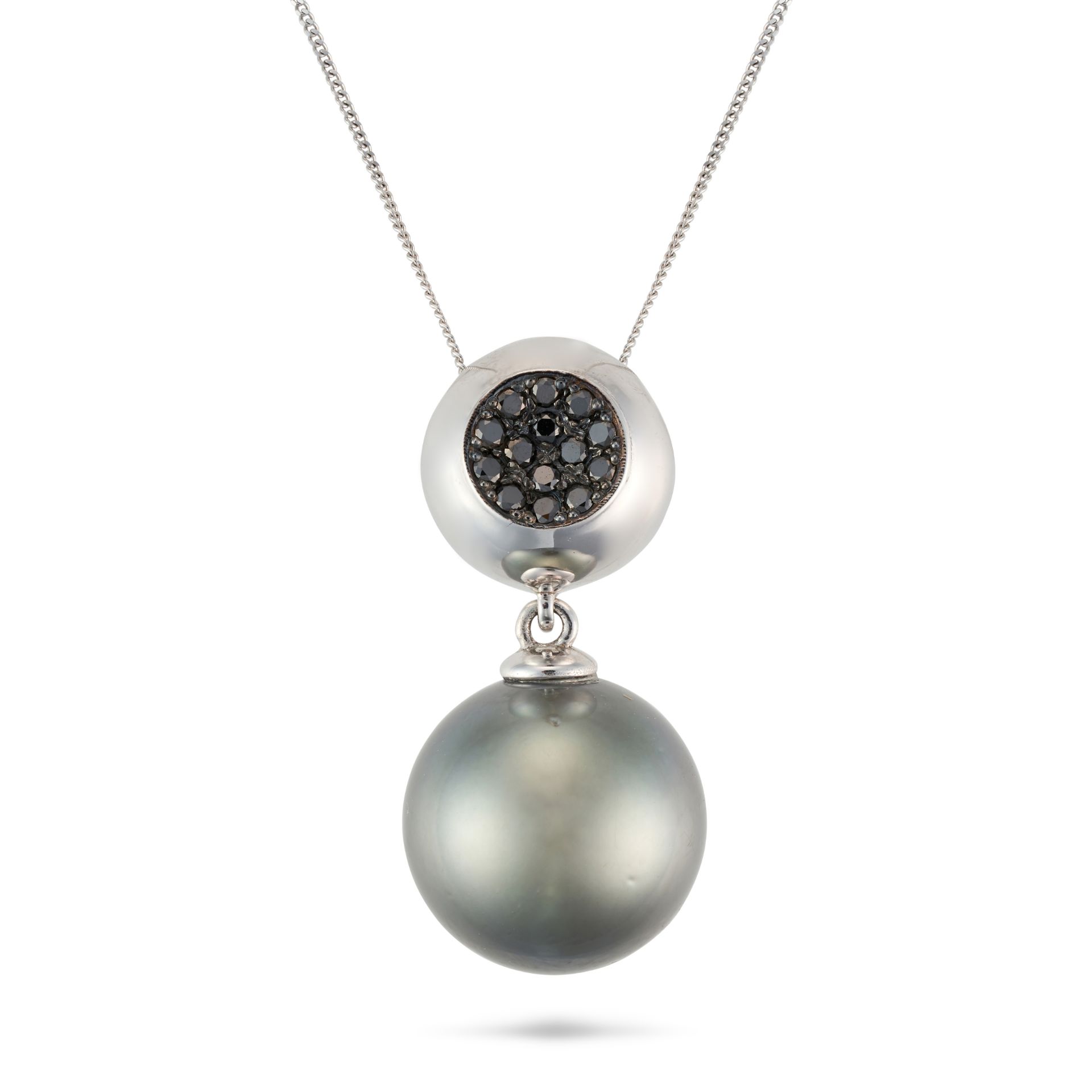 A TAHITIAN PEARL AND BLACK DIAMOND PENDANT NECKLACE in 18ct white gold, the pendant set with a cl...