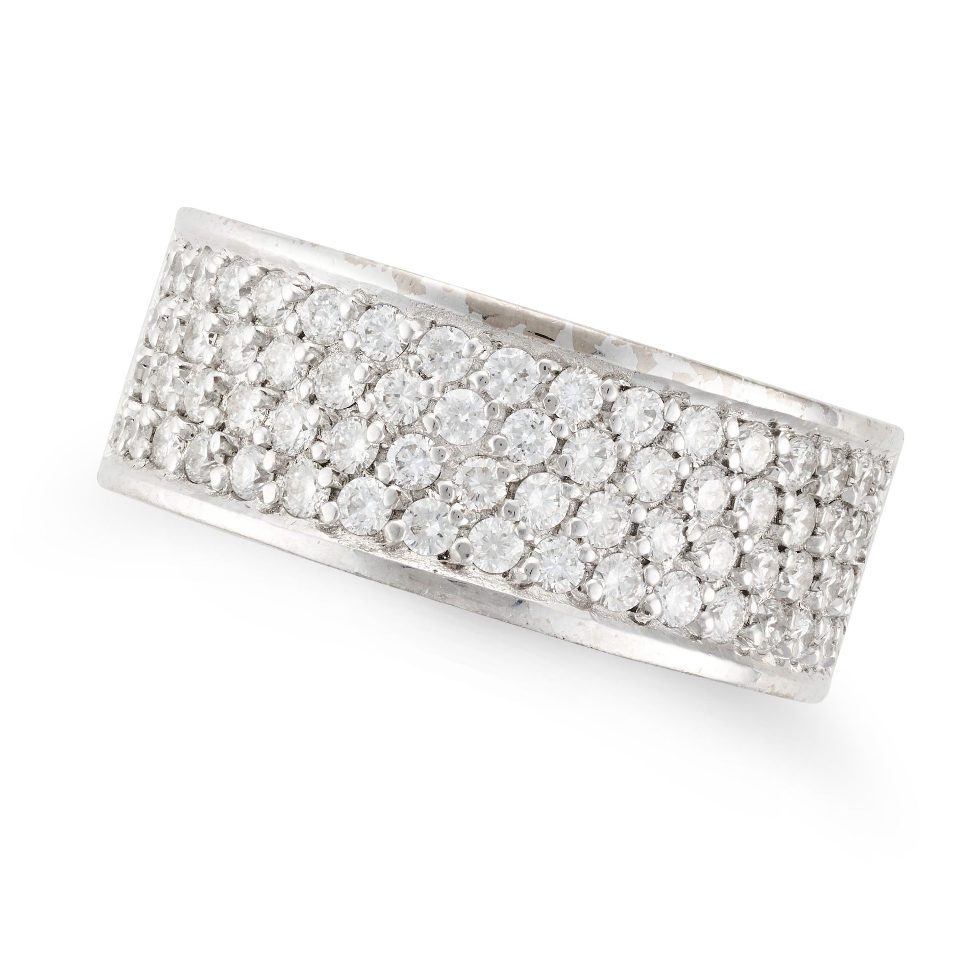 A DIAMOND BAND RING in 18ct white gold, the wide band pave set to one half with round brilliant c...